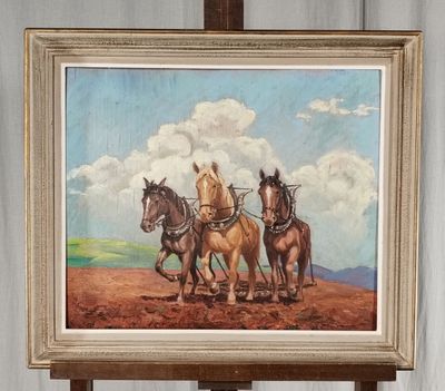 un tableau représentant des chevaux tirant une charrue dans un champ