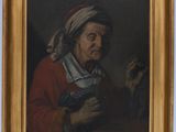 tableau représentant une vieille femme tenant un oiseau dans la main