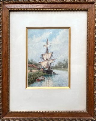 a painting of a sailboat in a body of water