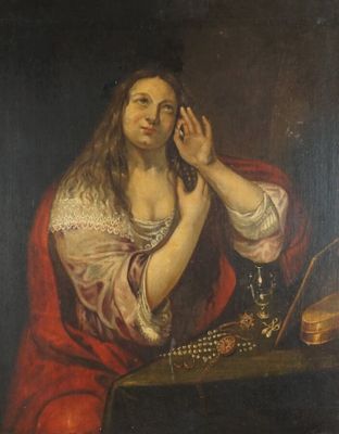 un vieux tableau représentant une femme assise à une table, la main posée sur le visage