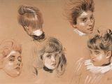 three studies of a woman ' s head and four other women ' s heads