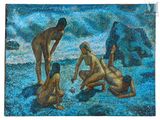 tableau représentant un groupe d'hommes et de femmes nus sur la plage