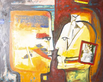 tableau représentant un homme assis sur une chaise devant un tableau représentant une femme