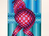 an image of a painting of a red and blue cat on a checkered background