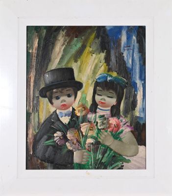 un tableau représentant deux enfants tenant des fleurs devant un tableau