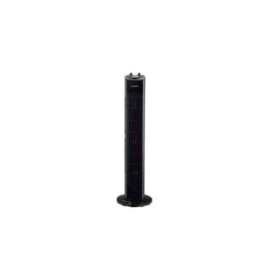 une image représentant un ventilateur colonne noir sur fond blanc