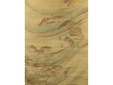 an oriental painting of birds and fish swimming in a river