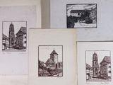 three old books with drawings of buildings and a clock tower