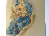un dessin représentant une femme assise sur une couverture bleue