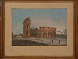 une vieille photo représentant une peinture d'un bâtiment, dans un cadre
