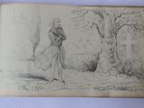 an old book with a drawing of a man and a woman in the woods