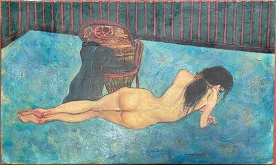 a painting of a nude woman laying on a bed