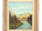 une peinture à l'huile représentant une rivière avec des montagnes en arrière-plan
