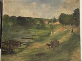une photo d'un tableau représentant une scène de vie à la ferme