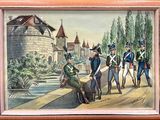 a picture of a painting of a group of soldiers on a bridge