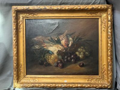 tableau représentant une nature morte composée de fruits et de légumes, dans un cadre doré