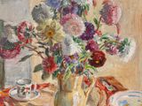 a painting of flowers in a vase on a table