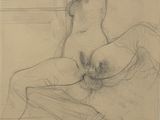 pencil drawing of a nude woman sitting on a bed with her legs crossed