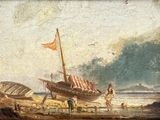 a painting of a boat on the beach with people on the shore