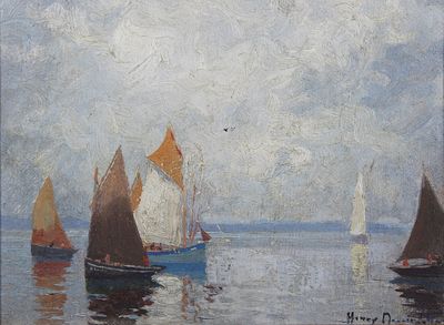 painting of sailboats on the water with a sky in the background