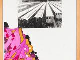 painting of a train on a track with a woman in a pink dress