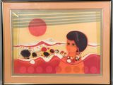 tableau représentant une femme en robe rouge avec un soleil en arrière-plan