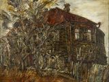 tableau représentant une vieille maison avec un toit rouge et une clôture