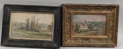 deux tableaux encadrés représentant un paysage avec une église au loin