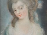 portrait d'une dame en robe bleue, coiffée d'un chapeau orné de plumes