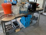 a table with pots and pans on it in the kitchen