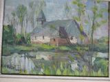 an oil painting of a church in a field next to a body of water