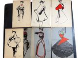 six drawings of women in dresses and hats are on a piece of paper