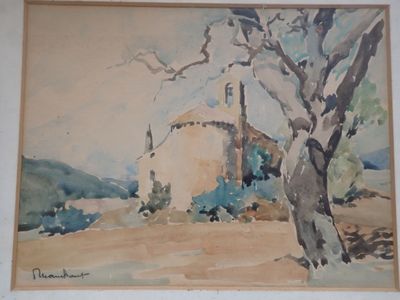 une image d'une peinture représentant une maison et des arbres dans un champ