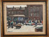 a painting of a street scene with people walking around