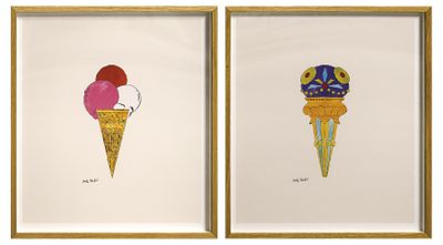 two framed pictures of ice cream cones with different designs on them