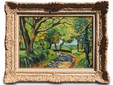 a painting of a path in a park with trees and bushes