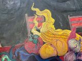 a painting of a woman sitting at a table with fruit and vegetables on it