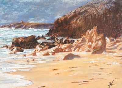 un tableau représentant une femme assise sur une plage au bord de la mer