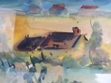 une aquarelle représentant une maison dans un champ
