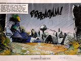 bande dessinée représentant un homme au volant d'une voiture sous la pluie, sur un chemin de terre