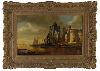 École Autrichienne début XXéme "Vue d'un château fort en bor…