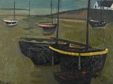 un tableau représentant des bateaux sur l'eau, près du rivage