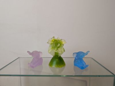 trois vases en verre posés sur une table en verre