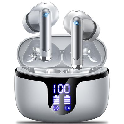 an image of a pair of bluetoothed earphones sitting on top of a stand