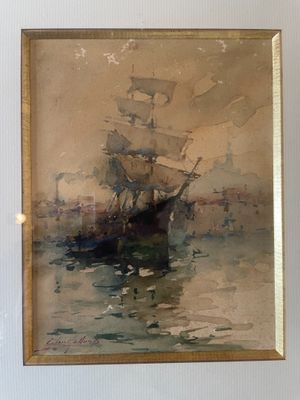 une peinture représentant un bateau sur un plan d'eau