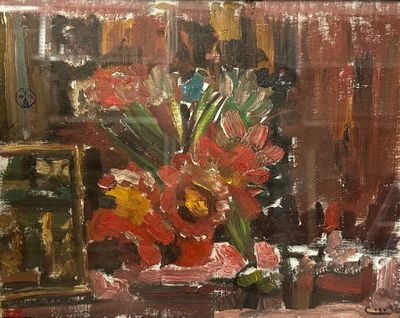 a painting of a vase of flowers on a table