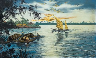 une peinture représentant un bateau sur l'eau, avec d'autres bateaux dans l'eau