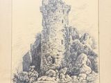 un vieux dessin représentant un château avec une tour au sommet d'une colline