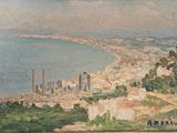 an image of a painting of a view of a city by the water