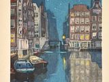a picture of a painting of a city at night